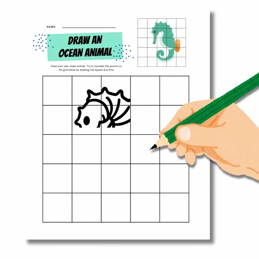 ocean themed grid art for kids worksheet