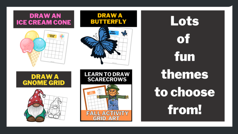 kids grid line art pack has lots of themes: ocean animals, ice cream party, scarecrows, butterfly, and gnomes